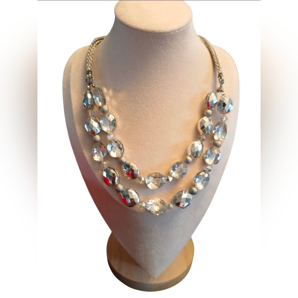 Double-strand necklace, clear faceted acrylic beads, silver tone, 9.5"-10.5"